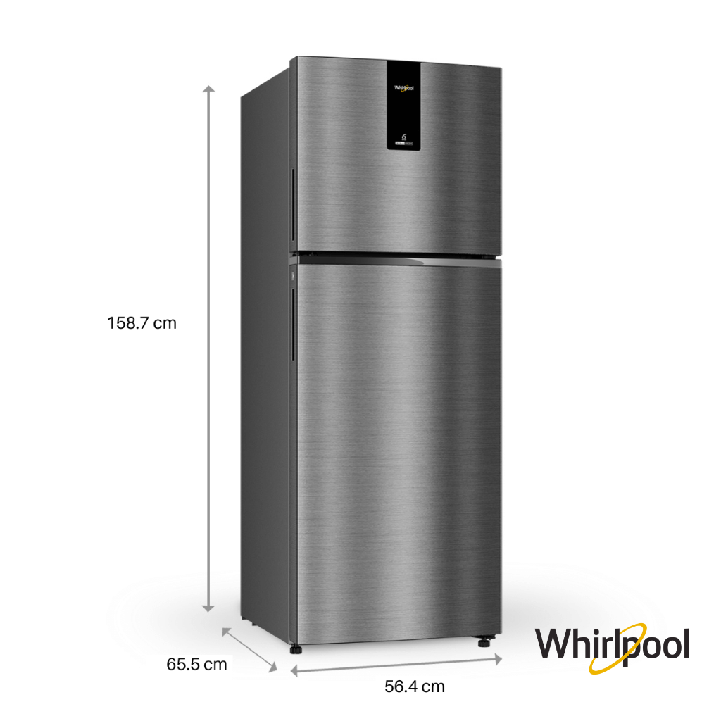 Whirlpool Intellifresh 231 Liters 2 Star Double Door Refrigerator (Arctic Steel, 21878) Front Angle View with Dimensions
