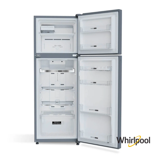 Whirlpool Intellifresh 231 Liters 2 Star Double Door Refrigerator (Arctic Steel, 21878) Front View with Open Door