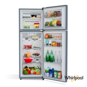 Whirlpool Intellifresh 231 Liters 2 Star Double Door Refrigerator (Arctic Steel, 21878) Front View with Open Door with props