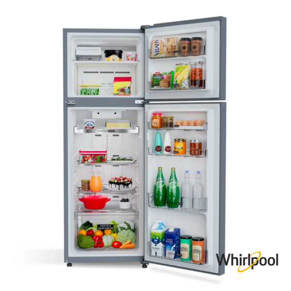 Whirlpool Intellifresh 231 Liters 2 Star Double Door Refrigerator (Arctic Steel, 21878) Front View with Open Door with props