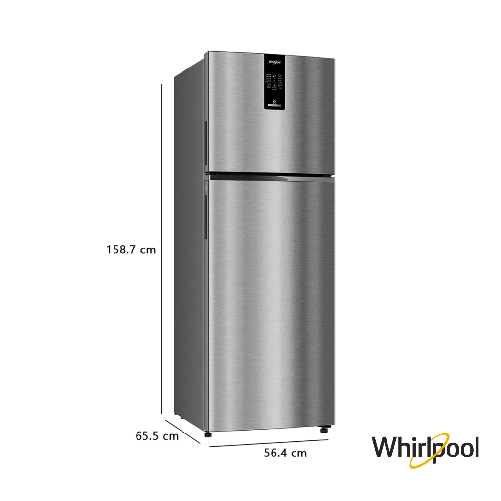 Whirlpool 253 Liters 3 Star Intellifresh Pro Convertible Double Door Fridge (Illusia Steel, 21987) Front Angle View Dimensions