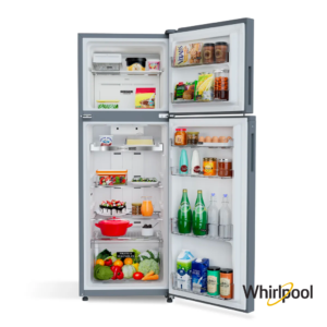 Whirlpool 253 Liters 3 Star Intellifresh Pro Convertible Double Door Fridge (Illusia Steel, 21987) Front View with Door Open filled with props