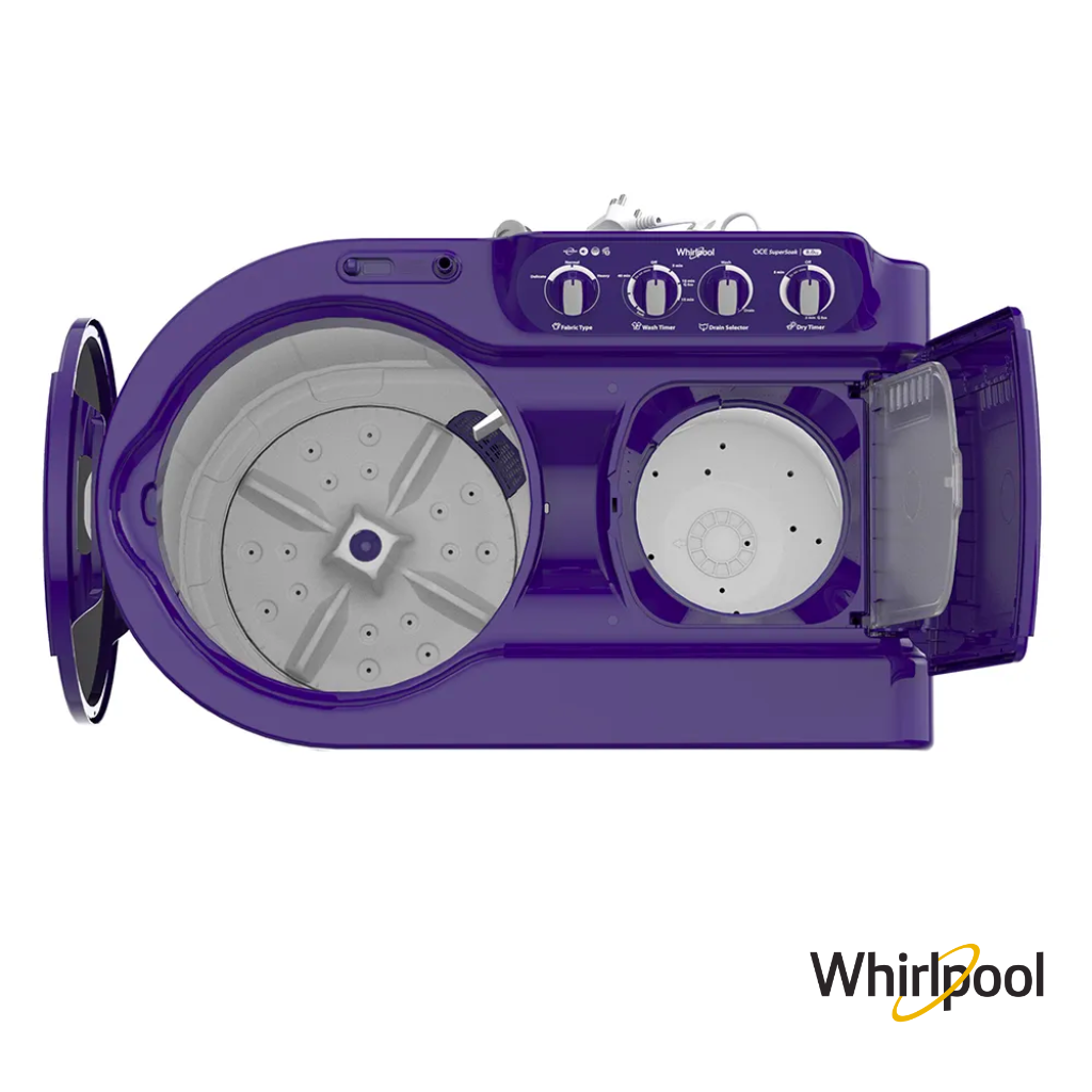 Whirlpool 8 Kg Ace Super Soak Semi Automatic Washing Machine (Coral Purple, 30276) Top View with Open Lids