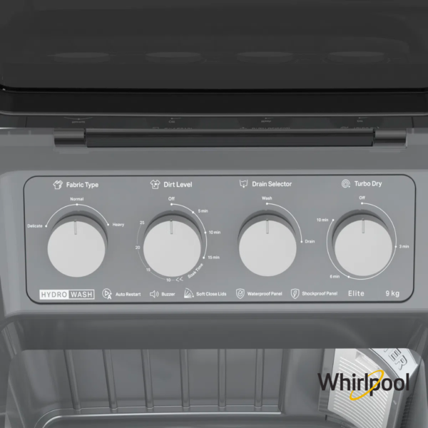 Whirlpool 9 Kg Hydrowash Elite Semi Automatic Washing Machine (Midnight Grey, 30312) Control Panel View