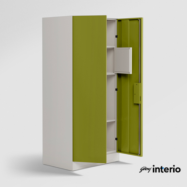 Godrej Interio Slimline 2 Door Almirah (Locker, Textured Leaf Green) Angle View with Doors & Locker Open