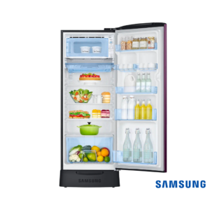 Samsung 223 Liters 3 Star Single Door Fridge with Base Stand Drawer (Camellia Purple, RR24C2823CR) Front View Open Door with Props