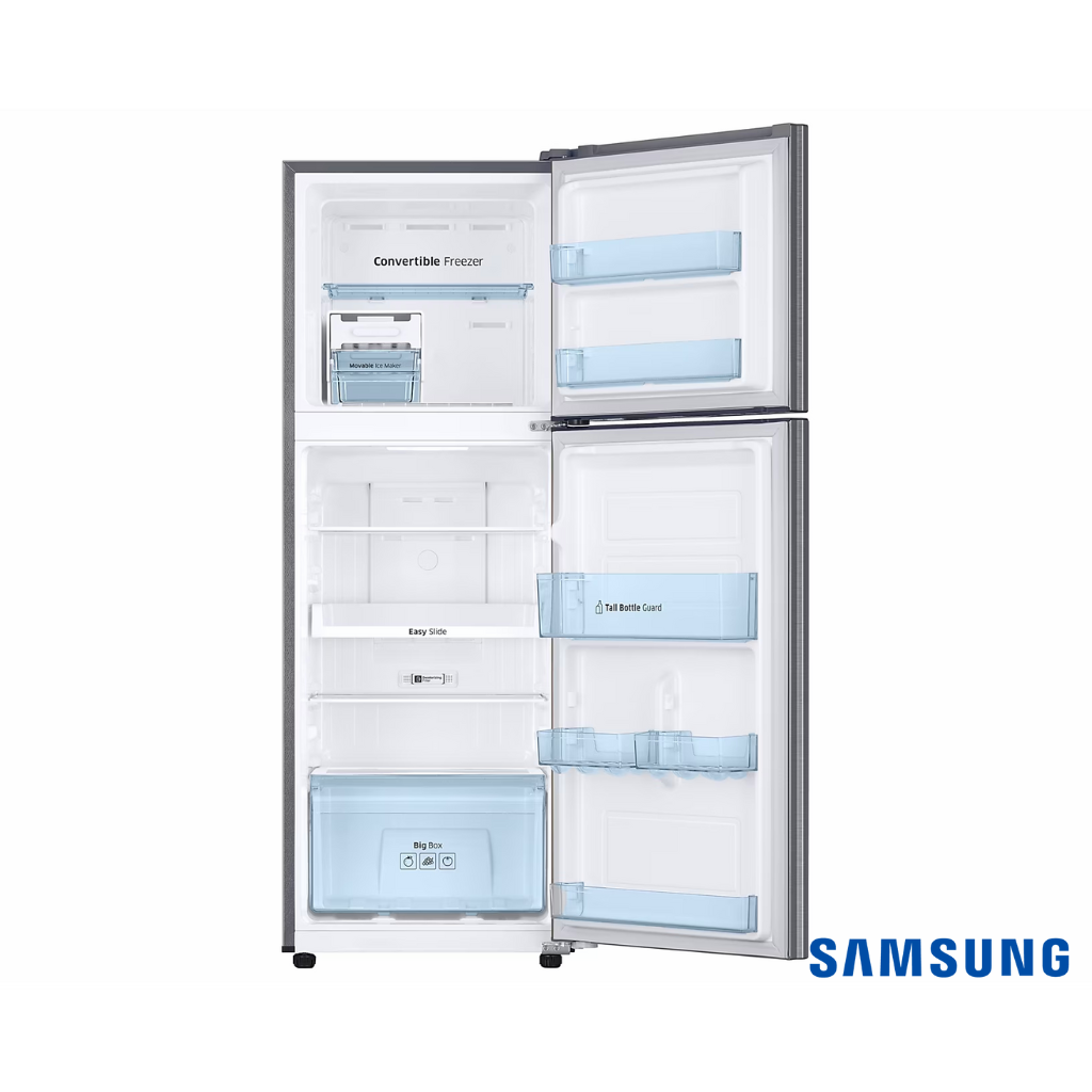 Samsung 236 Liters 3 Star Convertible Freezer Double Door Fridge (Luxe Black, RT28C3733BX) Front View with Doors Open