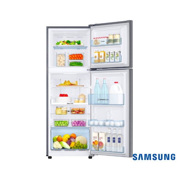 Samsung 236 Liters 3 Star Convertible Freezer Double Door Fridge (Luxe Black, RT28C3733BX) Front View with Doors Open filled with props