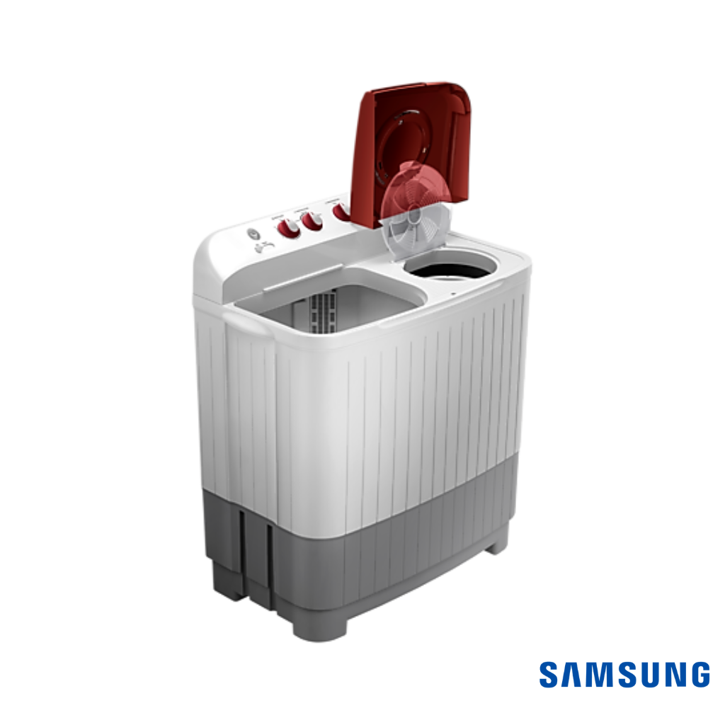 Samsung 7 Kg Semi Automatic Washing Machine (Wine Red, WT70C3200RR) Front Angle View with Lids Open