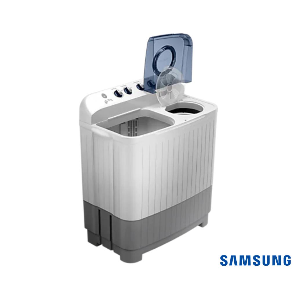 Samsung 7 Kg Semi Automatic Washing Machine (Blue, WT70C3200LL) Front Angle View with Lids Open