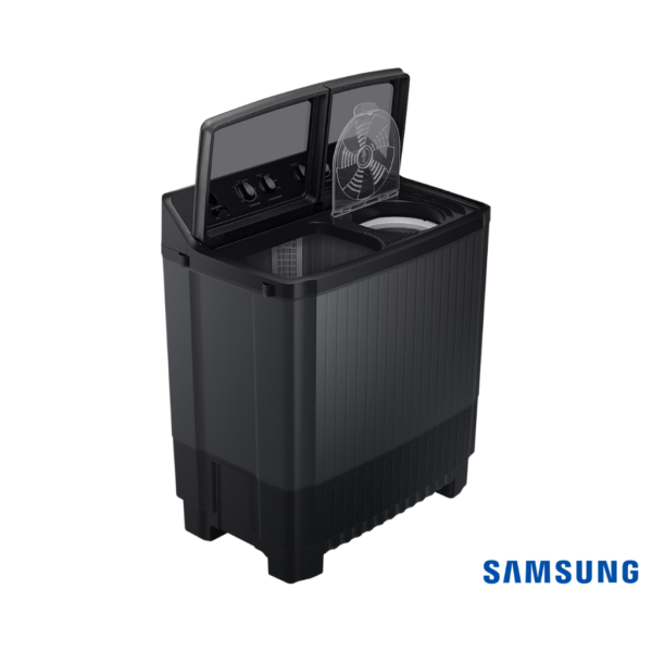 Samsung 8 Kg Semi Automatic Washing Machine (Toughened Glass Lid, WT80B3560GB) Front Angle View with Lids Open