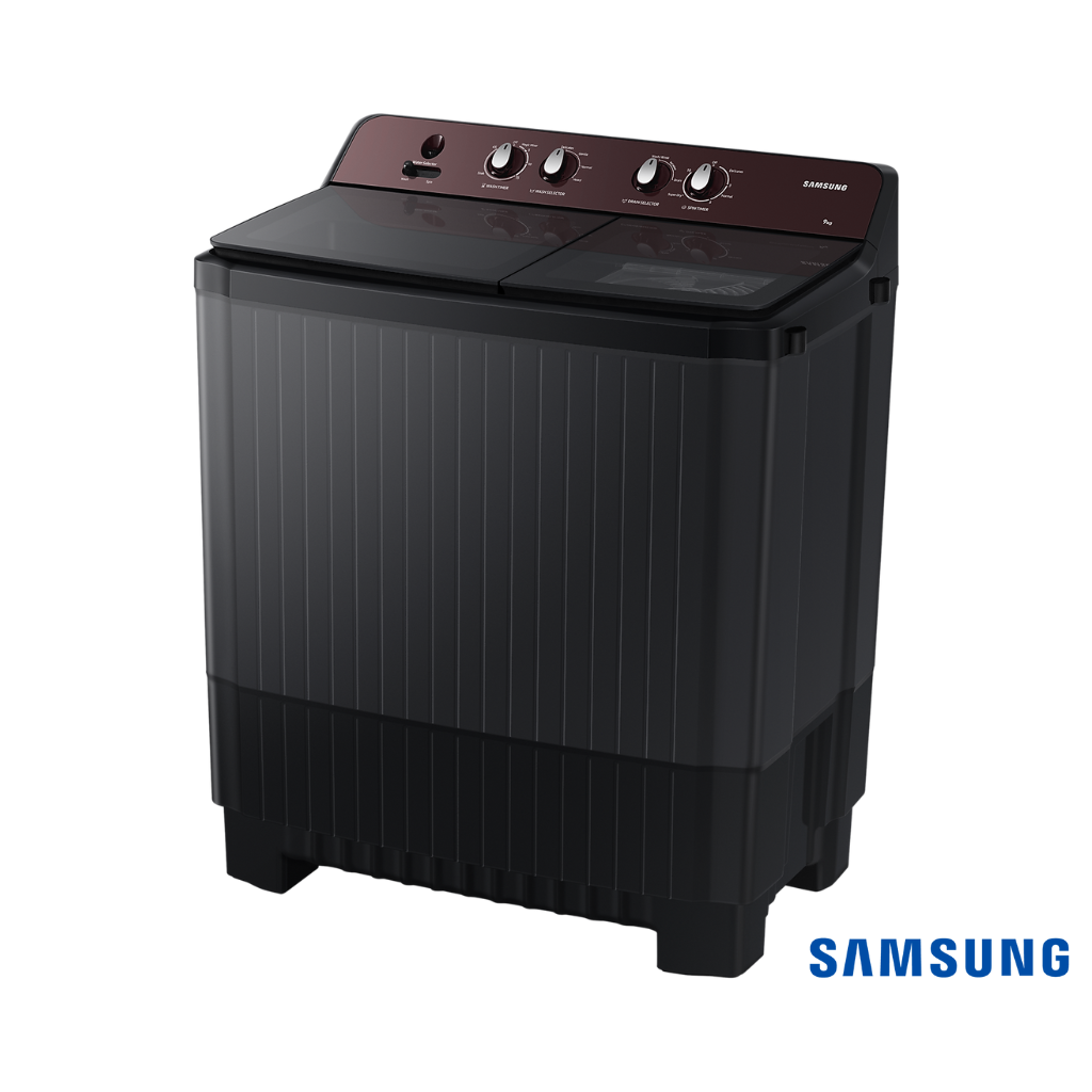 Samsung 9 Kg Semi Automatic Washing Machine (Toughened Glass Lid, WT90B3560RB) Front Angle View