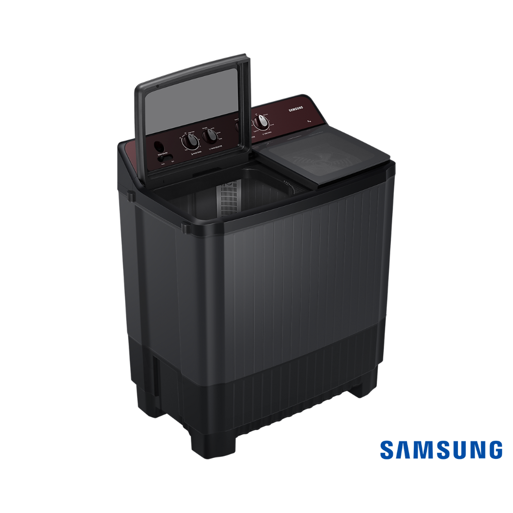 Samsung 9 Kg Semi Automatic Washing Machine (Toughened Glass Lid, WT90B3560RB) Front Angle View with Wash lid Open