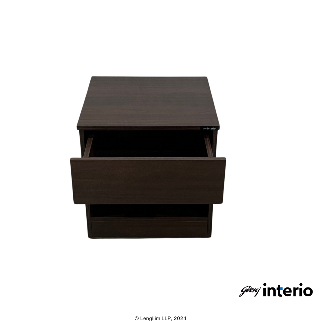 Godrej Interio Genesys Bedside Table (Dark Walnut) Front Top View with Drawer Open