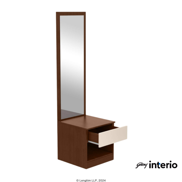 Godrej Interio Genesys Premium Dresser (Dark Walnut) Front Angle View with Drawer Open