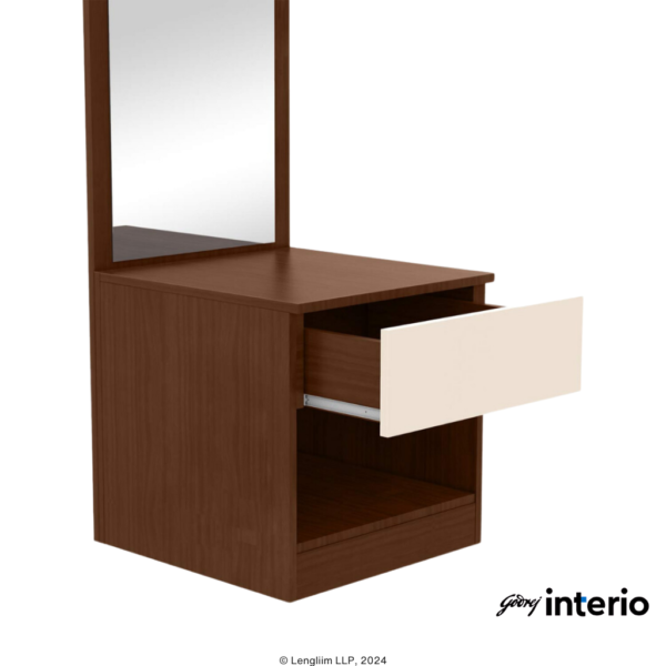 Godrej Interio Genesys Premium Dresser (Dark Walnut) Front Angle Close Up View with Drawer Open