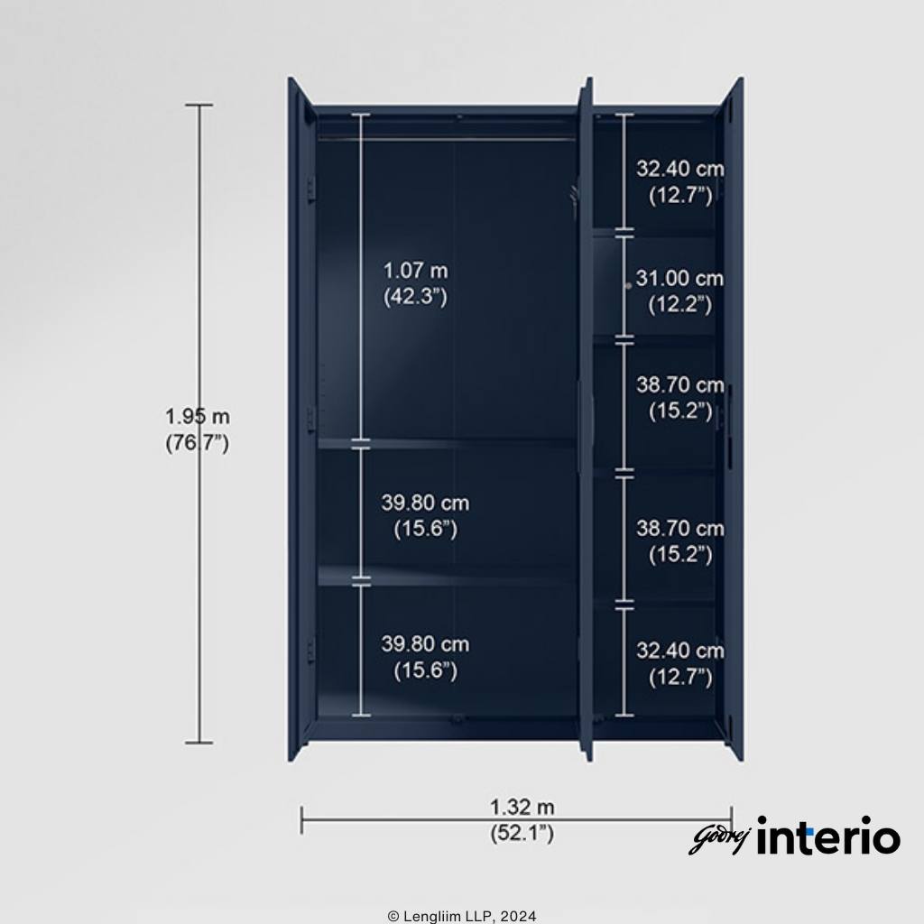 Godrej Interio Neolite 3 Door Steel Almirah (Denim Blue) Interior Dimensions