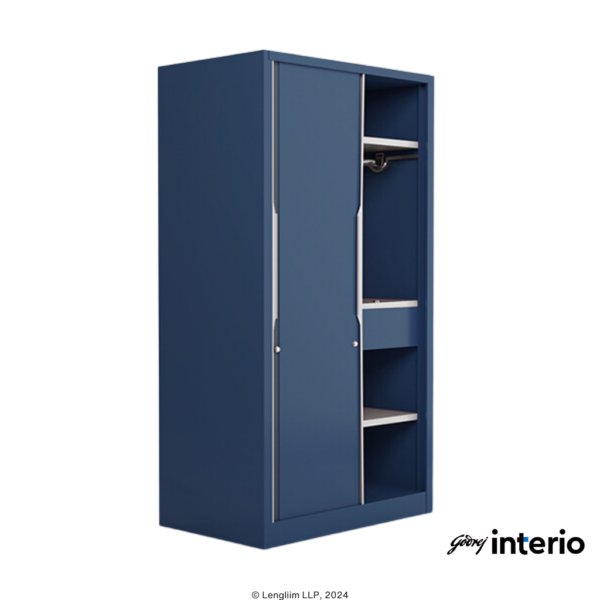 Godrej Interio Slide N Store Pro Almirah (Phiroja Blue) Front Angle View with Door Open