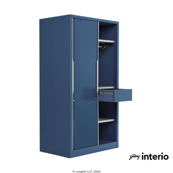 Godrej Interio Slide N Store Pro Almirah (Phiroja Blue) Front Angle View with Door Open and Drawer Open