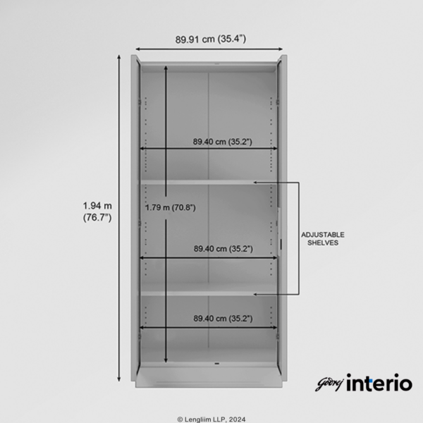 Godrej Interio Slimline 2 Door Almirah (2 Shelves, Royal Ivory Plus) Interior Dimensions