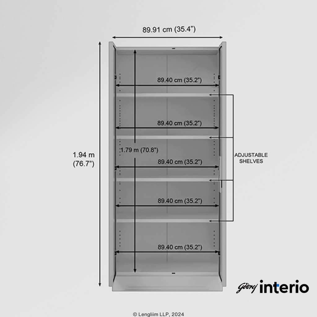 Godrej Interio Slimline 2 Door Almirah (4 Shelves, Royal Ivory Plus) Interior Dimensions
