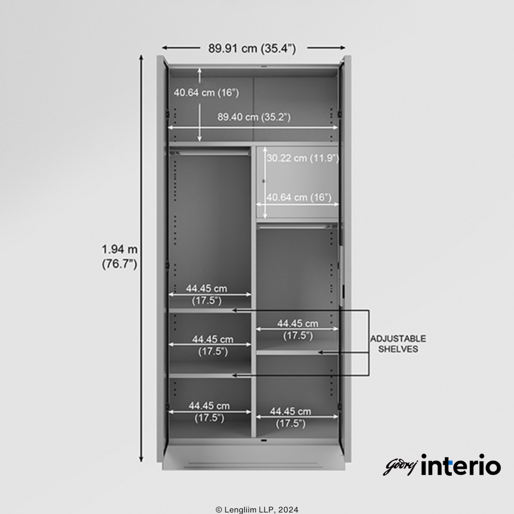 Godrej Interio Slimline 2 Door Almirah (Locker, Royal Ivory) Interior Dimensions View