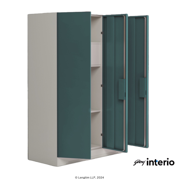 Godrej Interio Slimline 3 Door Steel Almirah (Locker, Textured Sea Pine) Front Angle View with Open Doors