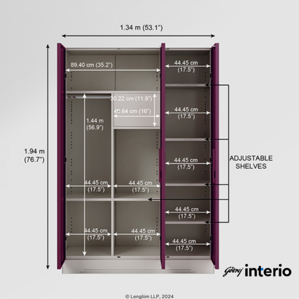 Godrej Interio Slimline 3 Door Steel Almirah (Locker, Textured Purple Plus) Dimensions View