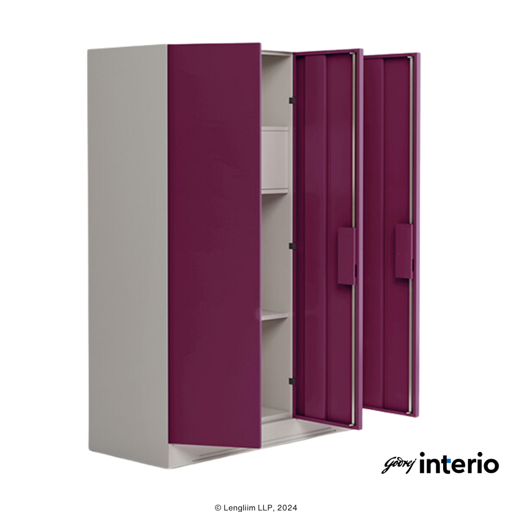 Godrej Interio Slimline 3 Door Steel Almirah (Locker, Textured Purple Plus) Front Angle View with Doors Open