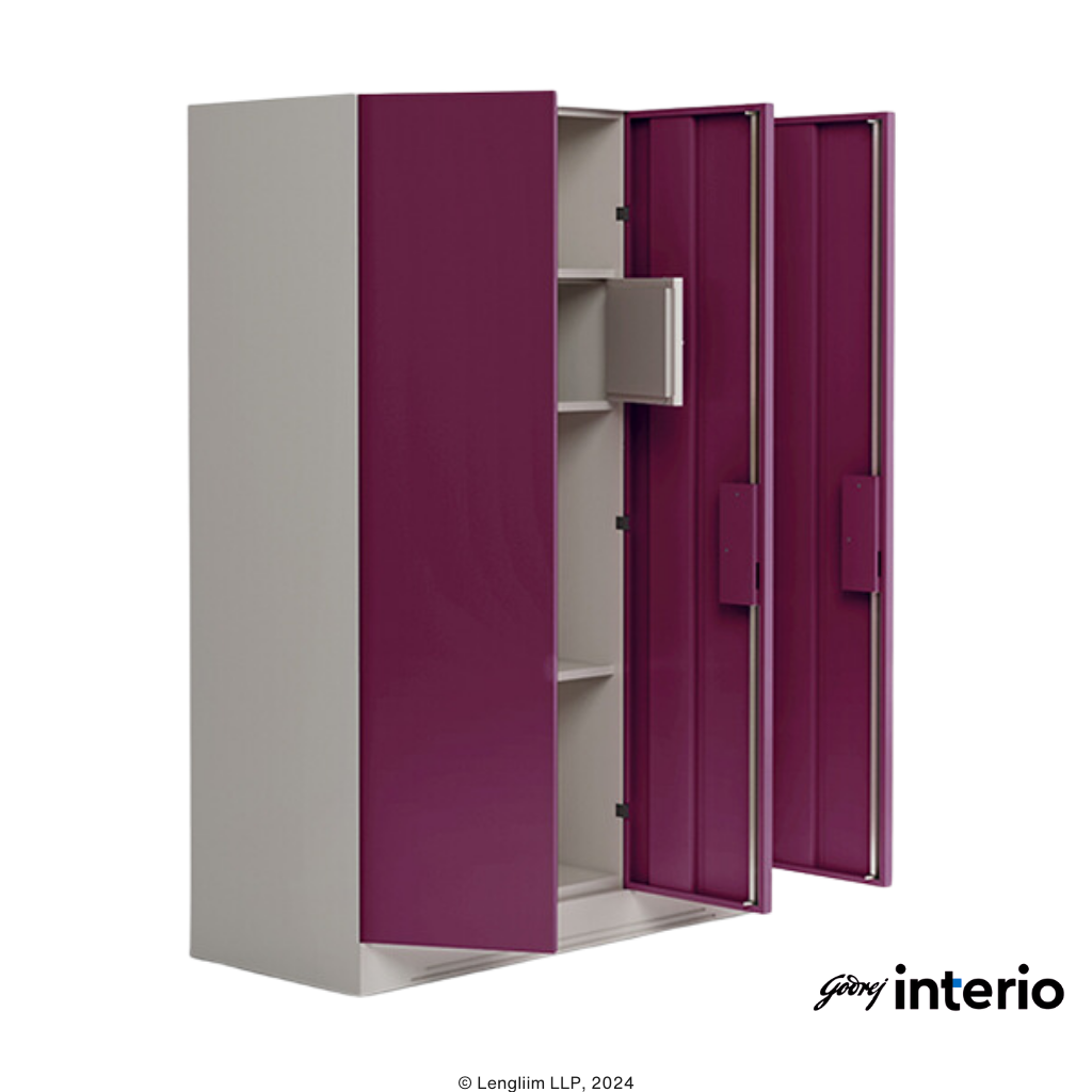 Godrej Interio Slimline 3 Door Steel Almirah (Locker, Textured Purple Plus) Front Angle View with Doors & Locker Open