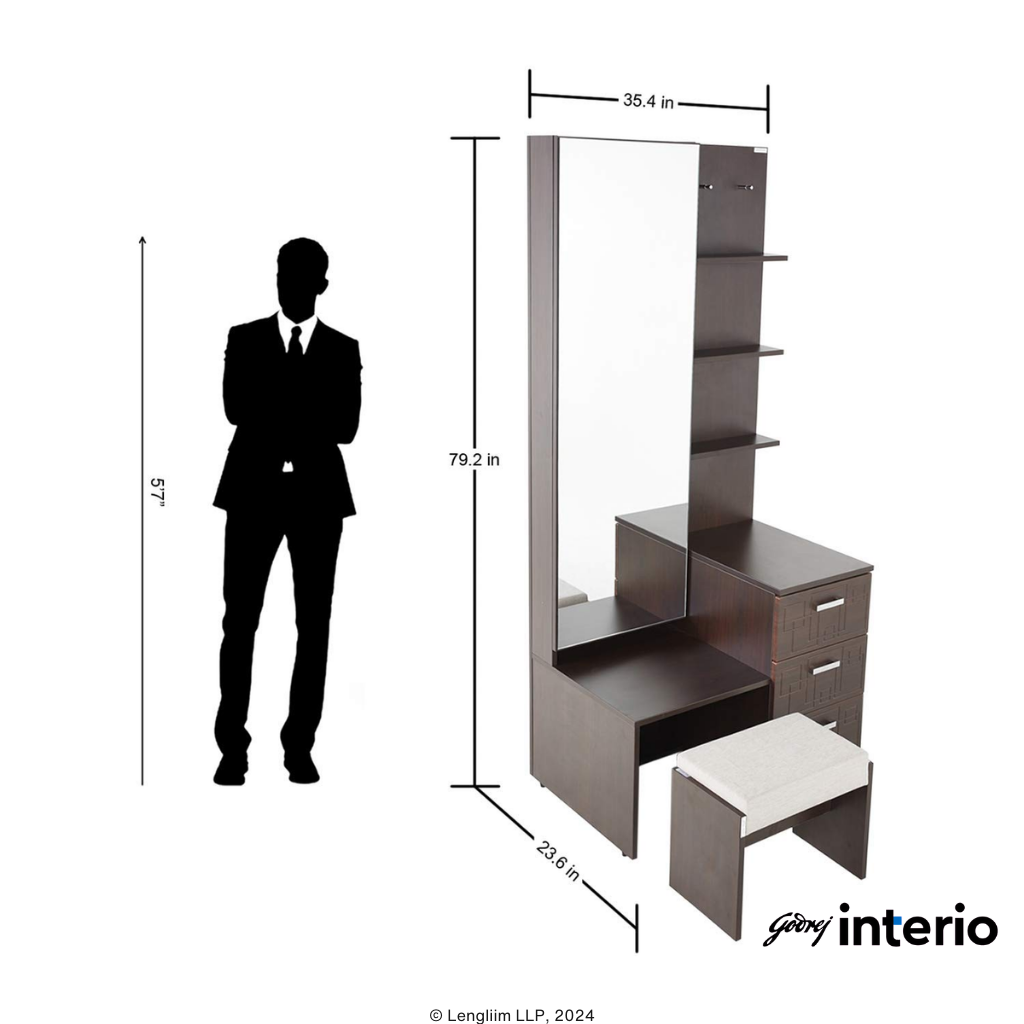 Godrej Interio Squadro Premium Dressing Table (Cinnamon) Dimensions View