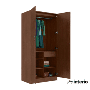 Godrej Interio Genesys 2 Door Wardrobe (Dark Walnut) Front Angle View with Doors Open