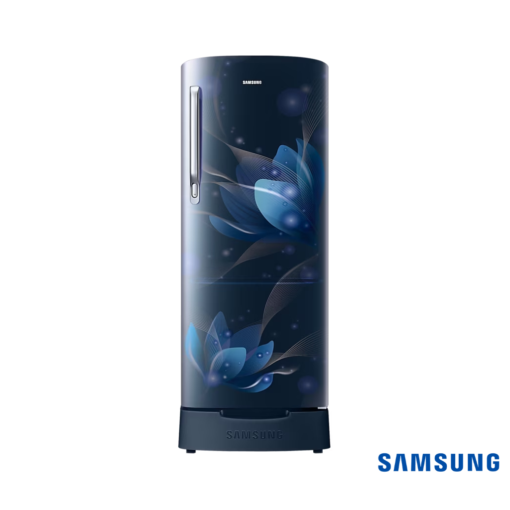 Samsung 183 Liters 2 Star Single Door Fridge with Base Stand Drawer (Blooming Saffron Blue, RR20C2712U8) Front View