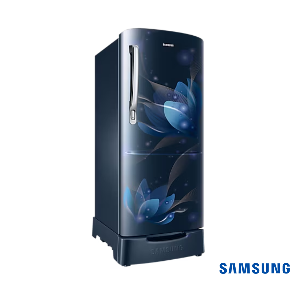 Samsung 183 Liters 2 Star Single Door Fridge with Base Stand Drawer (Blooming Saffron Blue, RR20C2712U8) Front Angle View 1