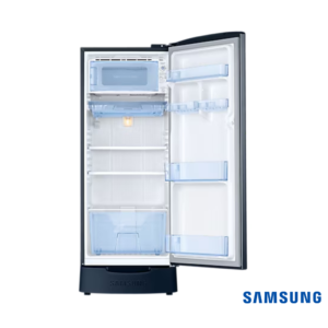 Samsung 183 Liters 2 Star Single Door Fridge with Base Stand Drawer (Blooming Saffron Blue, RR20C2712U8) Front View with Door Open