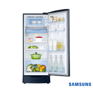 Samsung 183 Liters 2 Star Single Door Fridge with Base Stand Drawer (Blooming Saffron Blue, RR20C2712U8) Front View with Door Open & Props