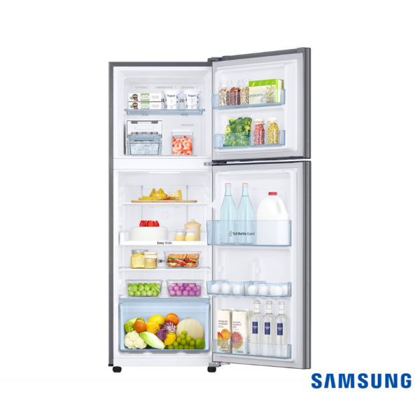 Samsung 236 Liters Convertible Freezer Double Door Fridge (Elegant Inox, RT28C3732S8) Front View with Doors Open & Props