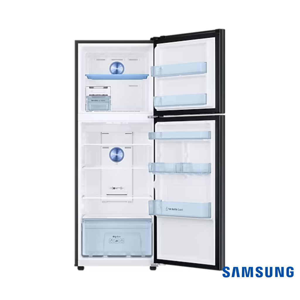 Samsung 301 Liters Twin Cooling Plus™ Double Door Fridge (Luxe Black, RT34C4522BX) Front View with Door Open