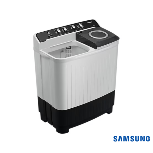 Samsung 7.5 Kg Semi-Automatic Washing Machine (Gray Lid with Gray Base, WT75B3200GG) Front Angle View with Lid Open