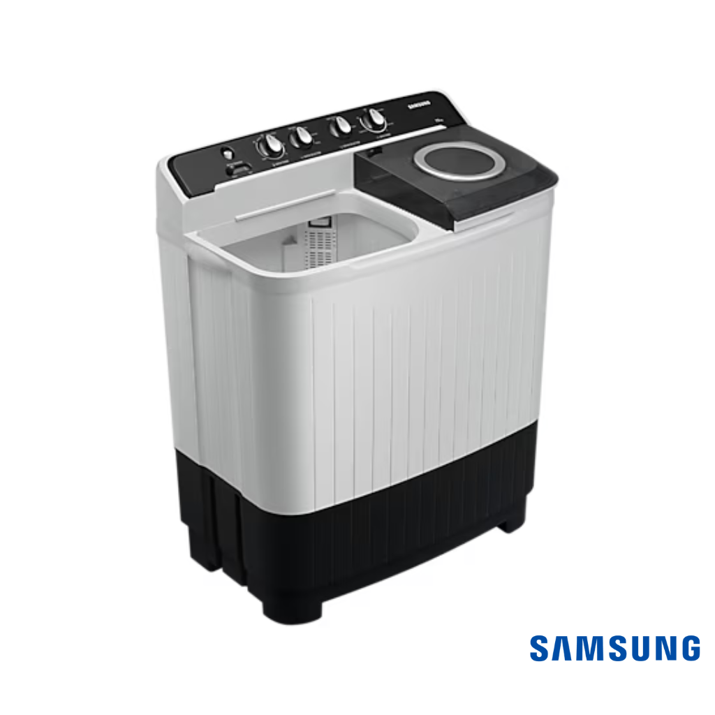 Samsung 7.5 Kg Semi-Automatic Washing Machine (Gray Lid with Gray Base, WT75B3200GG) Front Angle View with Lid Open