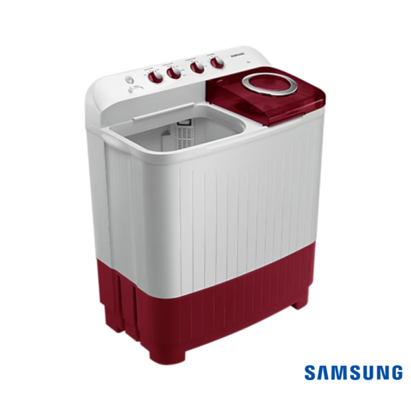 Samsung 8 Kg Semi Automatic Washing Machine with Hexa Storm Pulsator (WT80C4000RR, Wine Red) Front Angle View with Lid Open