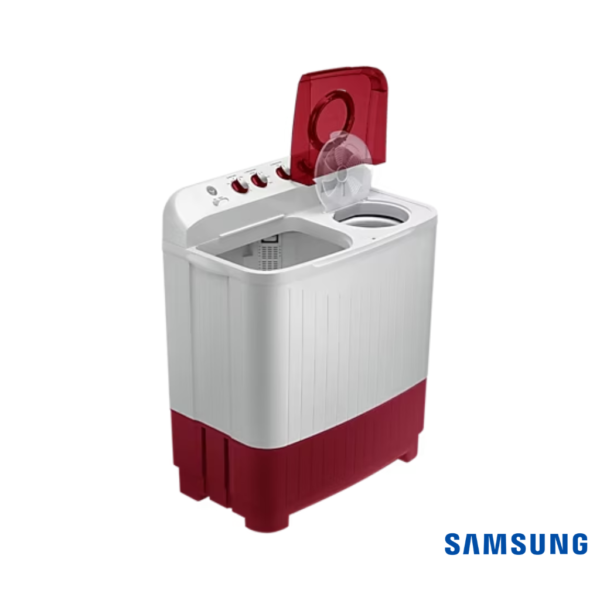 Samsung 8 Kg Semi Automatic Washing Machine with Hexa Storm Pulsator (WT80C4000RR, Wine Red) Front Angle View with Lids Open