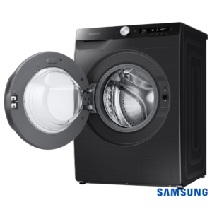 8.0 kg Ecobubble™ Front Load Washing Machine with AI Control, Hygiene Steam & SmartThings Connectivity (Black Caviar, WW80T504DAB) Front Angle View with Lid Open