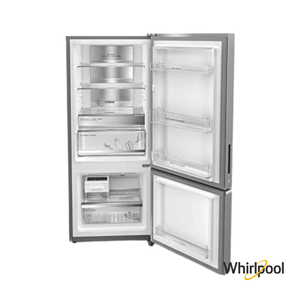 Whirlpool 325 Liters 3 Star Bottom Mount Double Door Fridge (Omega Steel, 21377) Front View with Doors Open