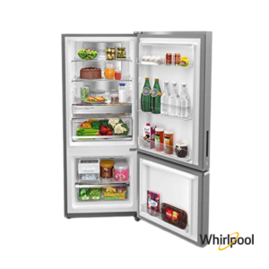 Whirlpool 325 Liters 3 Star Bottom Mount Double Door Fridge (Omega Steel, 21377) Front View with Doors Open & props