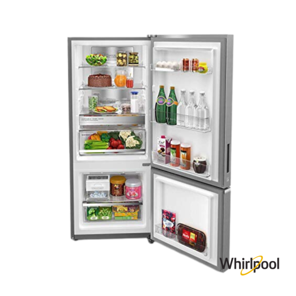 Whirlpool 325 Liters 3 Star Bottom Mount Double Door Fridge (Omega Steel, 21377) Front View with Doors Open & props