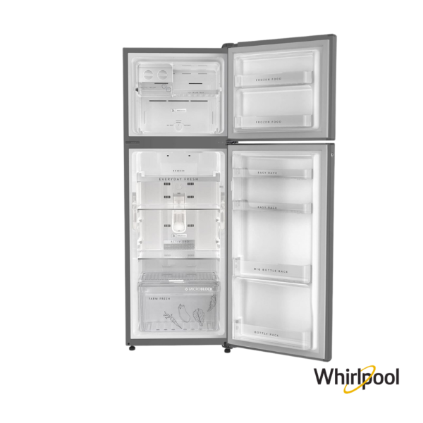 Whirlpool 340 Liters 2 Star Convertible Double Door Fridge (German Steel, 21600) Front View with Open Lid