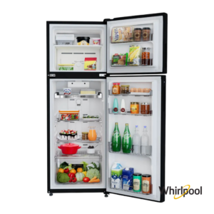 Whirlpool 235 Liters 2 Star Double Door Fridge (Crystal Black, 22052) Front View with Doors Open Empty & props