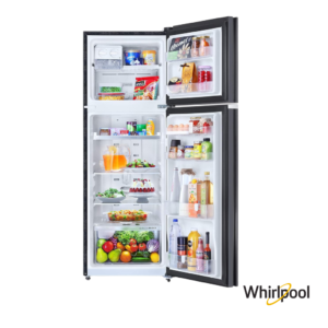 Whirlpool 235 Liters 2 Star Double Door Fridge (Crystal Mirror, 22053) Front View with Open Doors Empty & Props