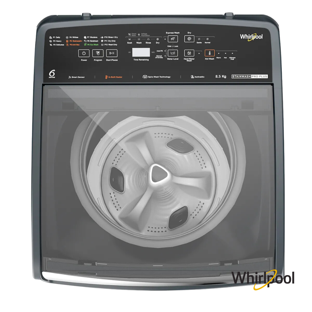 Whirlpool Stainwash Pro Plus 8.5kg Top Load Fully Automatic Washing Machine (Heater, Midnight Grey, 31639) Top View